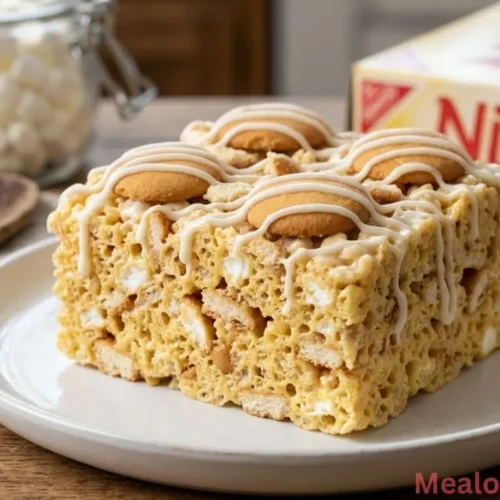 Banana pudding rice krispie treats topped with vanilla wafers and glaze