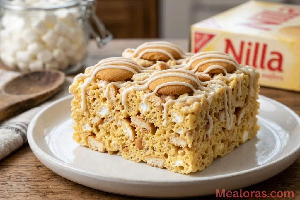 Banana pudding rice krispie treats topped with vanilla wafers and glaze