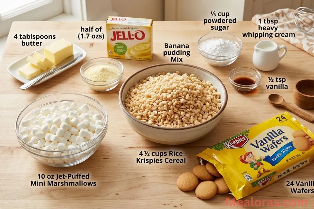 Ingredients for banana pudding cereal treats including marshmallows and wafers