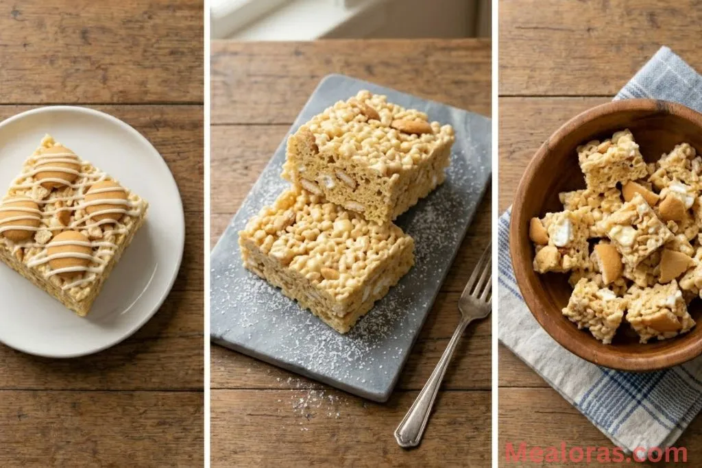 A plate of glazed banana pudding rice krispie treats ready to serve