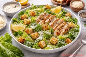 Overhead shot of a large Caesar salad bowl with croutons and Parmesan