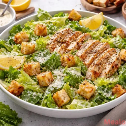 Overhead shot of a large Caesar salad bowl with croutons and Parmesan