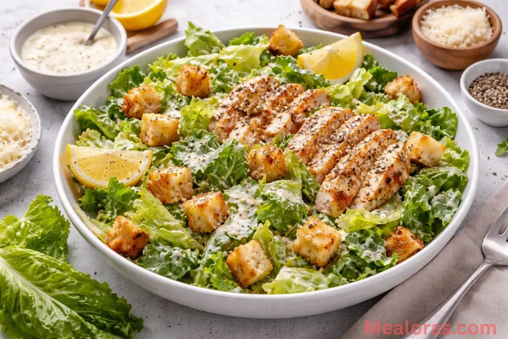 Overhead shot of a large Caesar salad bowl with croutons and Parmesan