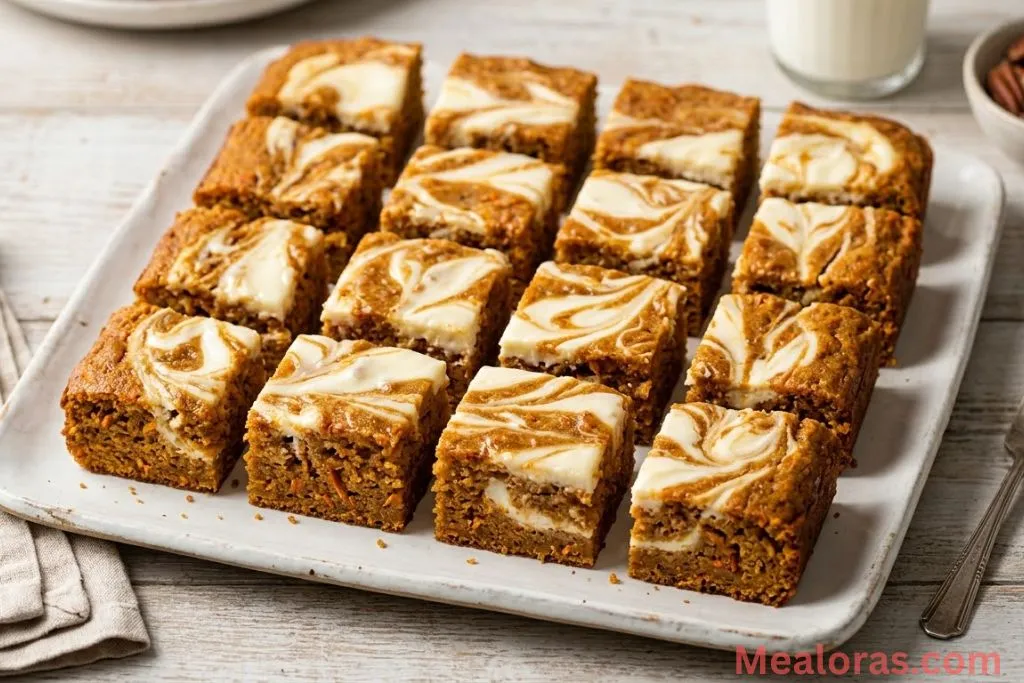 view of sliced carrot cake bars with cream cheese marbling on a white platter