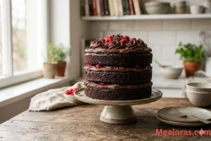 A tall, three-layer moist chocolate cake with dark chocolate frosting on a cake stand