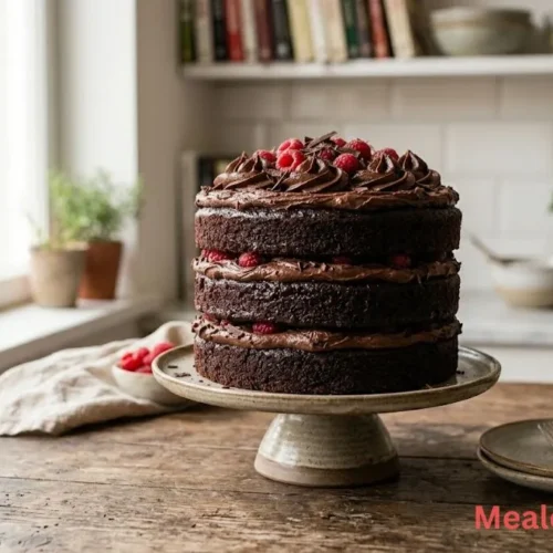 A tall, three-layer moist chocolate cake with dark chocolate frosting on a cake stand