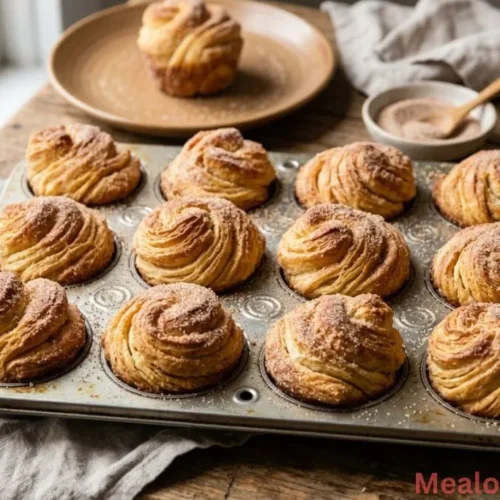 Golden brown flaky Cruffins coated in cinnamon sugar in a muffin tin