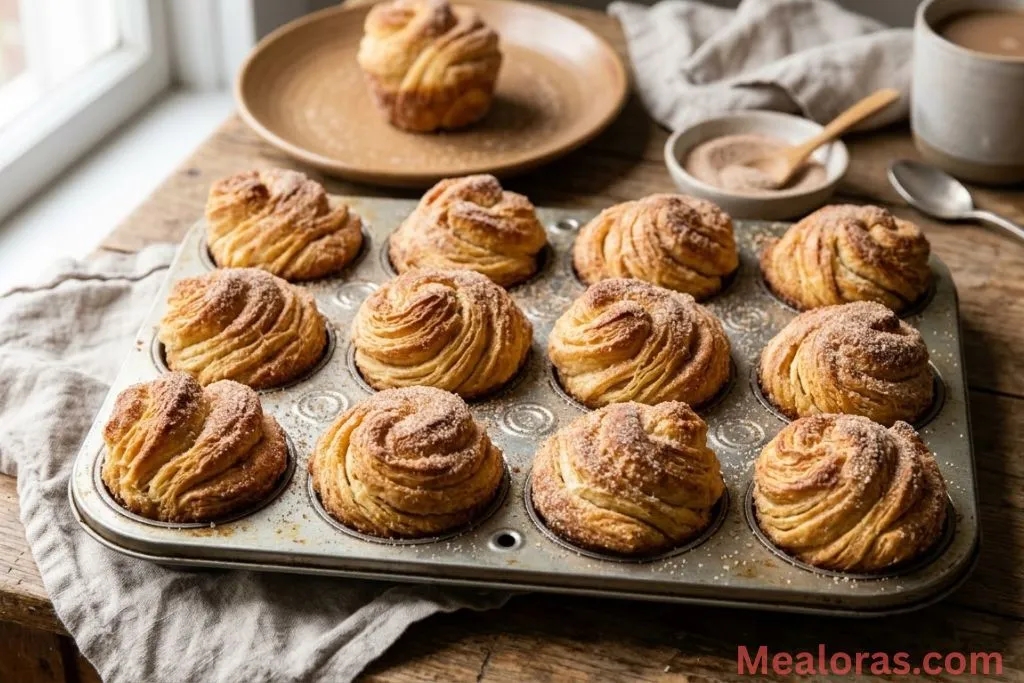 Golden brown flaky Cruffins coated in cinnamon sugar in a muffin tin