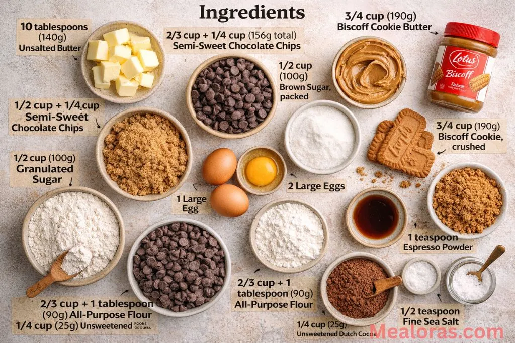 Professional flat lay of brownie ingredients including cocoa powder, chocolate chips, and a jar of cookie butter