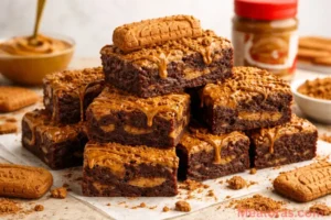 view of sliced Biscoff brownies with cookie crumbles and a golden drizzle