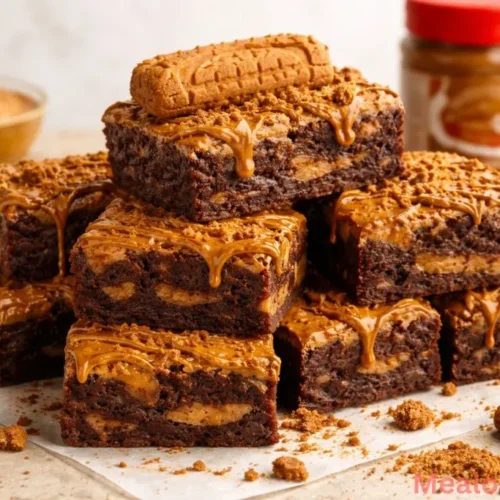 view of sliced Biscoff brownies with cookie crumbles and a golden drizzle