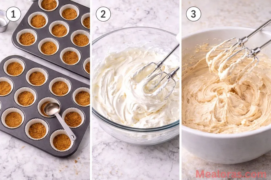 Collage showing crushed cookies, whipped cream, and cream cheese filling