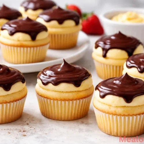 Boston Cream Pie Cupcakes with glossy chocolate ganache topping.