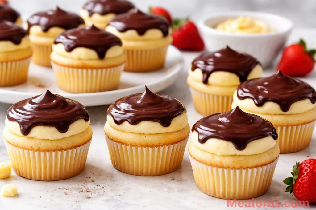 Boston Cream Pie Cupcakes with glossy chocolate ganache topping.