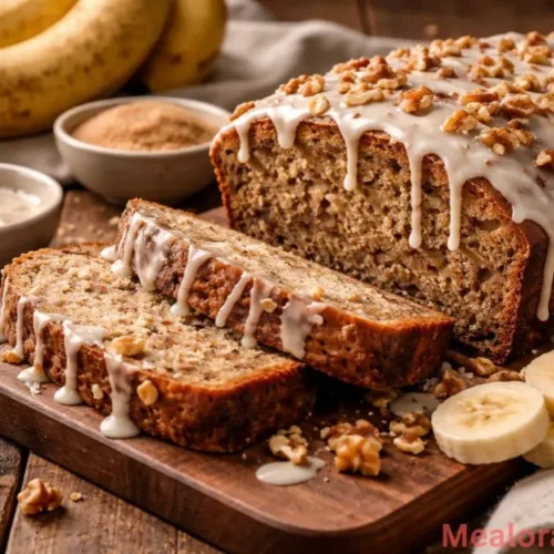 Sliced ultra moist brown butter banana bread with golden glaze on a wire rack