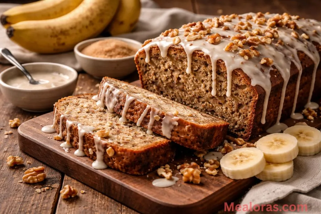 Sliced ultra moist brown butter banana bread with golden glaze on a wire rack