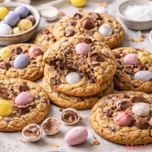 of brown butter Cadbury Egg cookies with melted chocolate and pastel candy shells