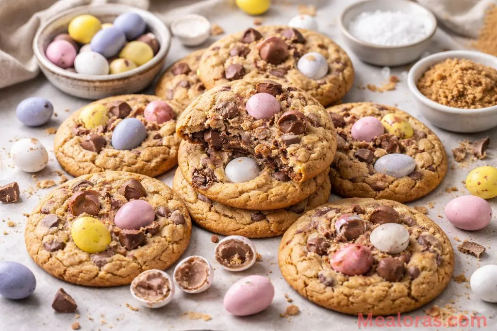 of brown butter Cadbury Egg cookies with melted chocolate and pastel candy shells
