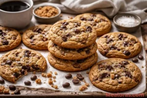 view of Brown Butter Coffee Toffee Cookies with sea salt on a clean background