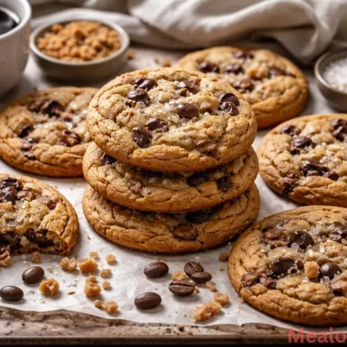 view of Brown Butter Coffee Toffee Cookies with sea salt on a clean background