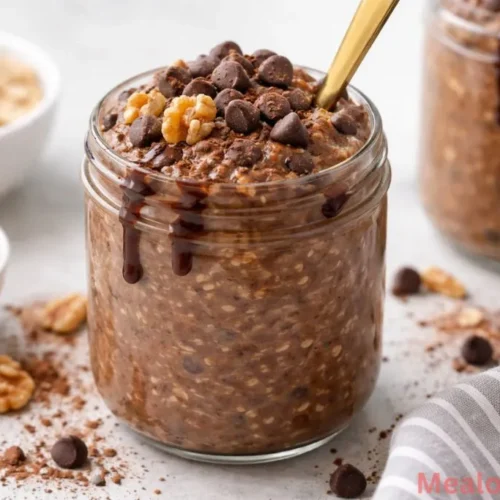 A glass jar filled with creamy chocolate brownie batter overnight oats topped with berries