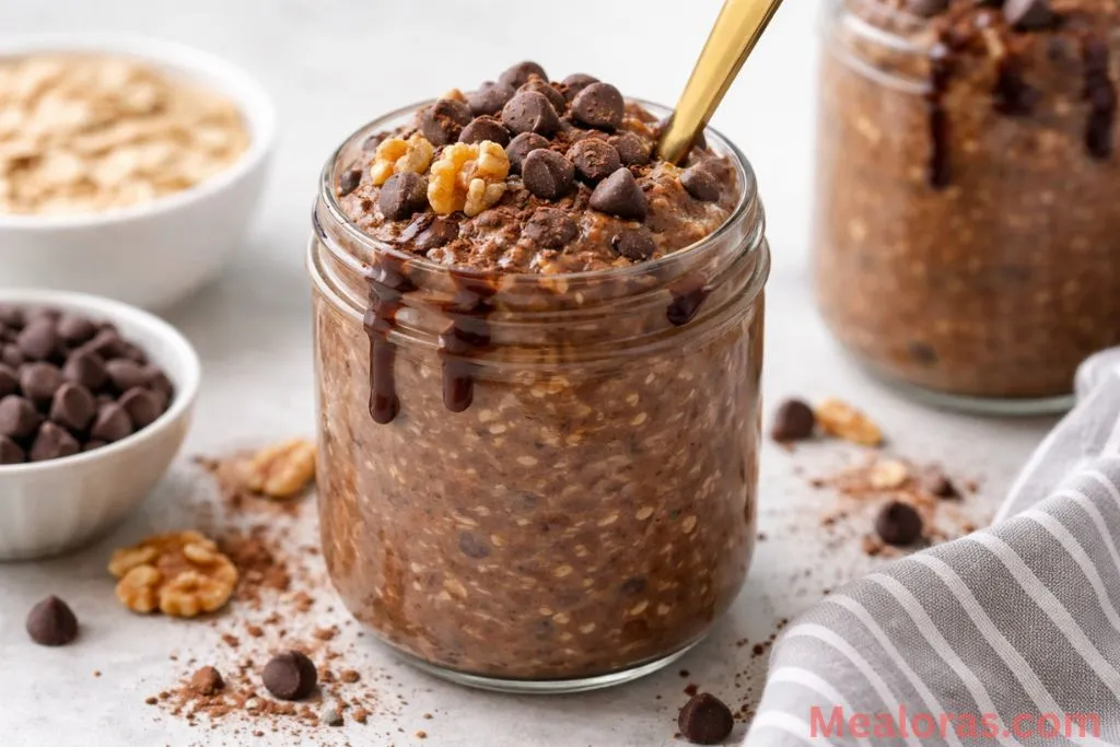 A glass jar filled with creamy chocolate brownie batter overnight oats topped with berries