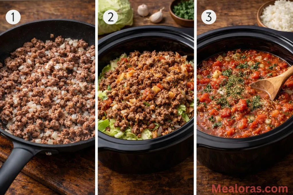 Ground beef browning in a skillet next to a slow cooker filled with chopped cabbage
