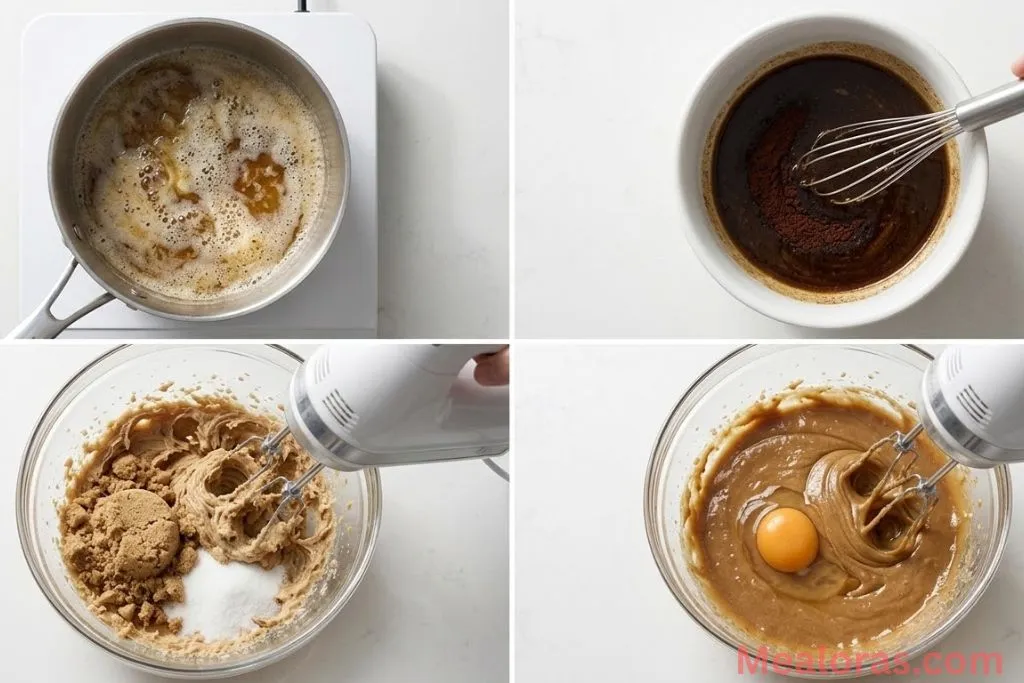 Steps showing browning butter, mixing coffee, creaming sugar, and adding egg