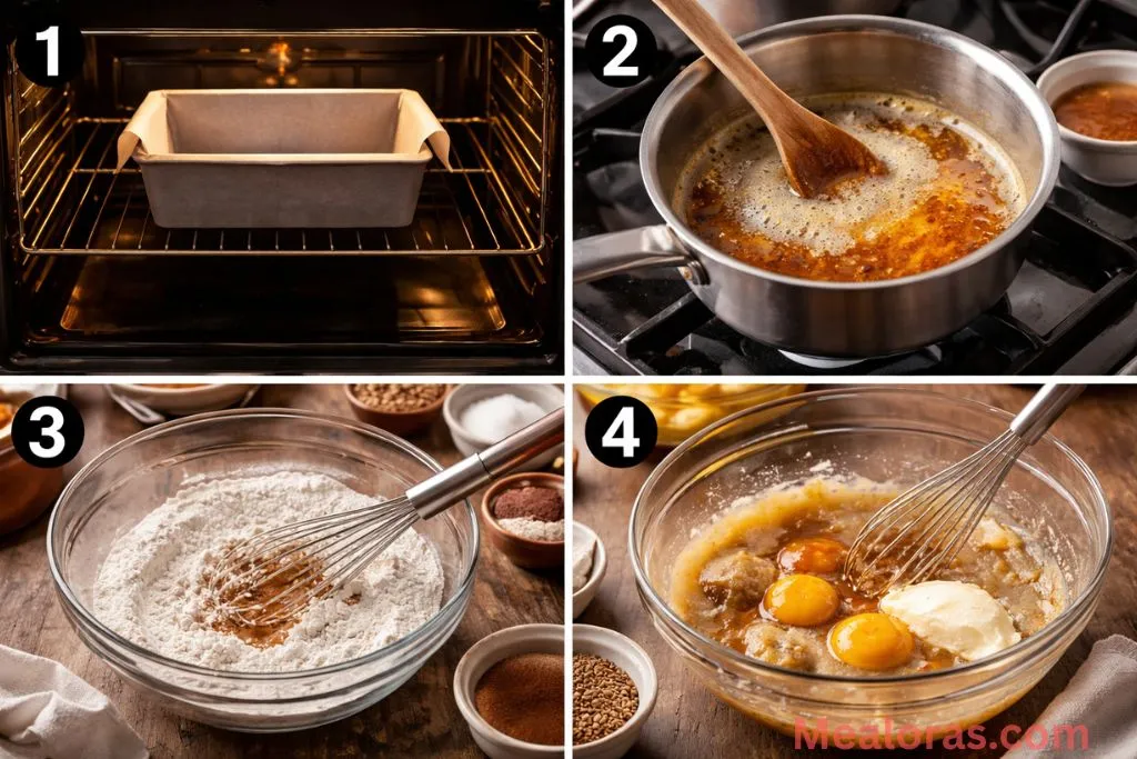 Process shots of browning butter and mixing wet banana bread ingredients