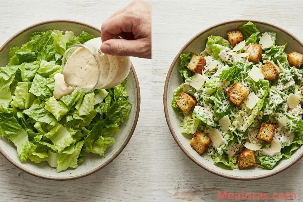 Collage showing tossing the salad and adding final toppings