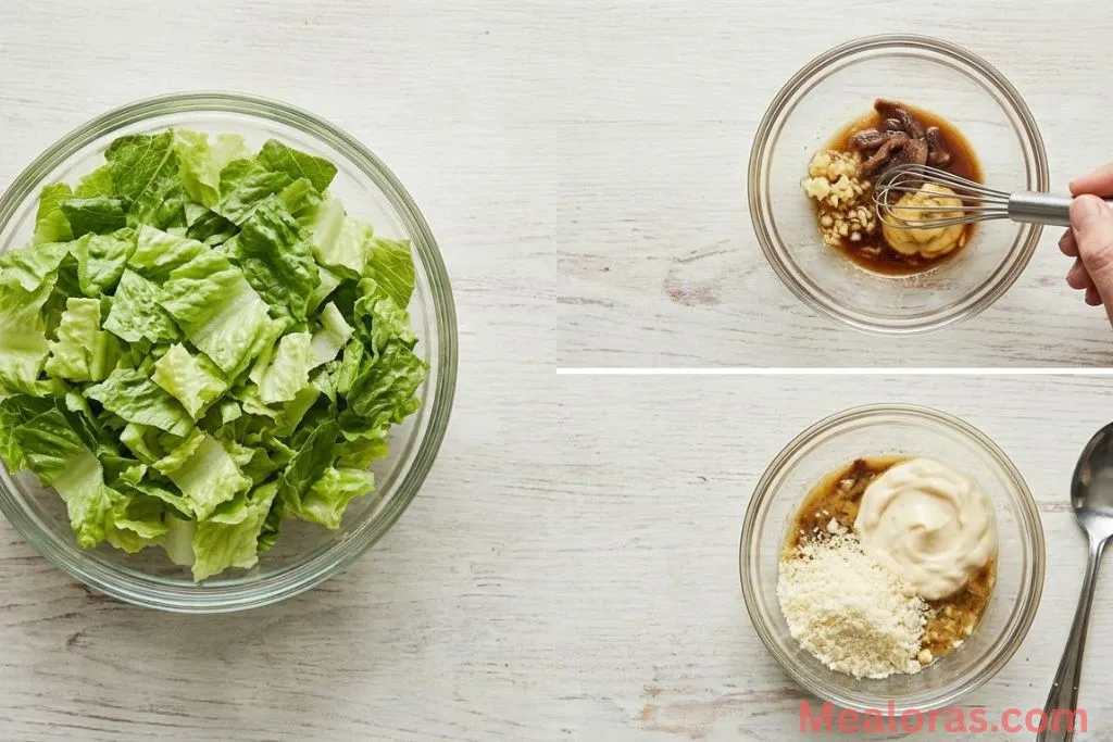 showing lettuce prep, whisking dressing base, and adding mayo