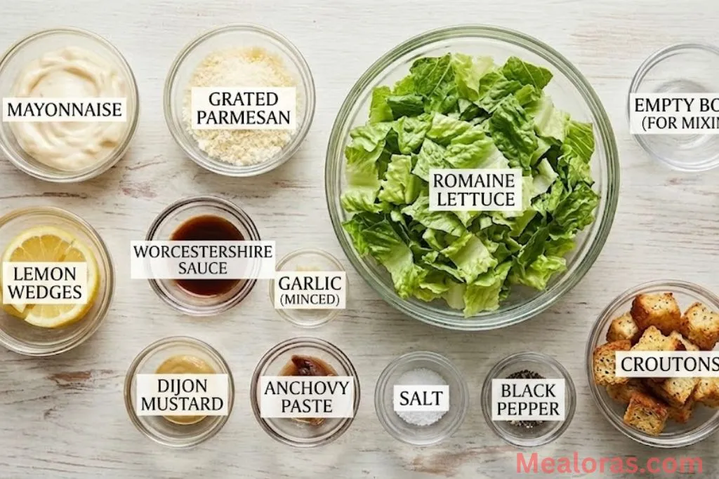 Individual bowls of mayonnaise, lemon, Parmesan, and romaine lettuce