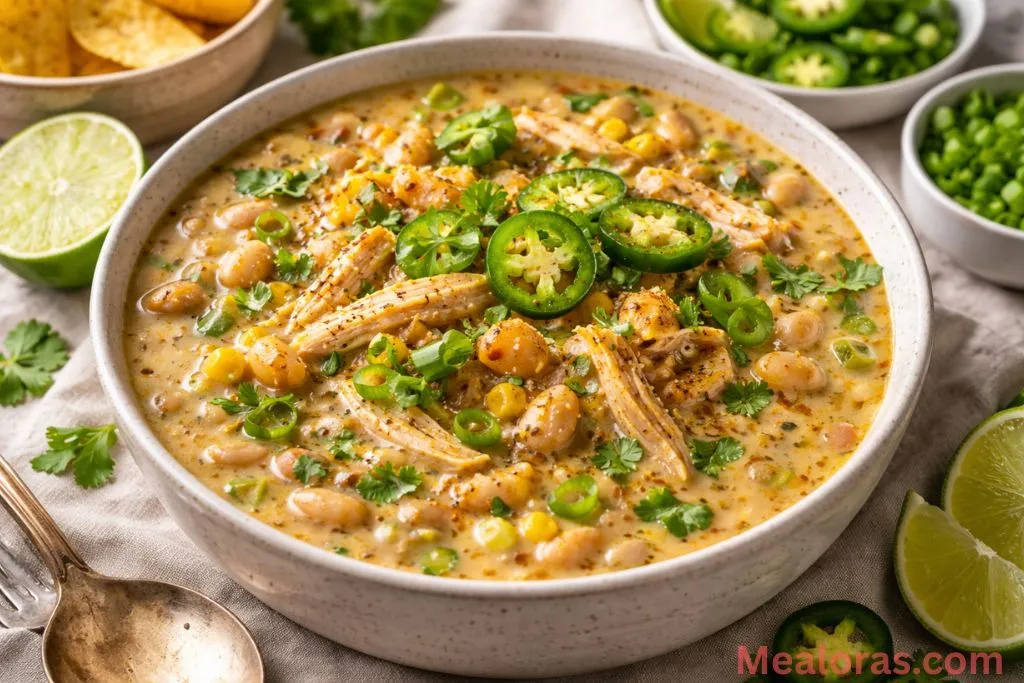 A deep bowl of creamy white chicken chili topped with cilantro and lime