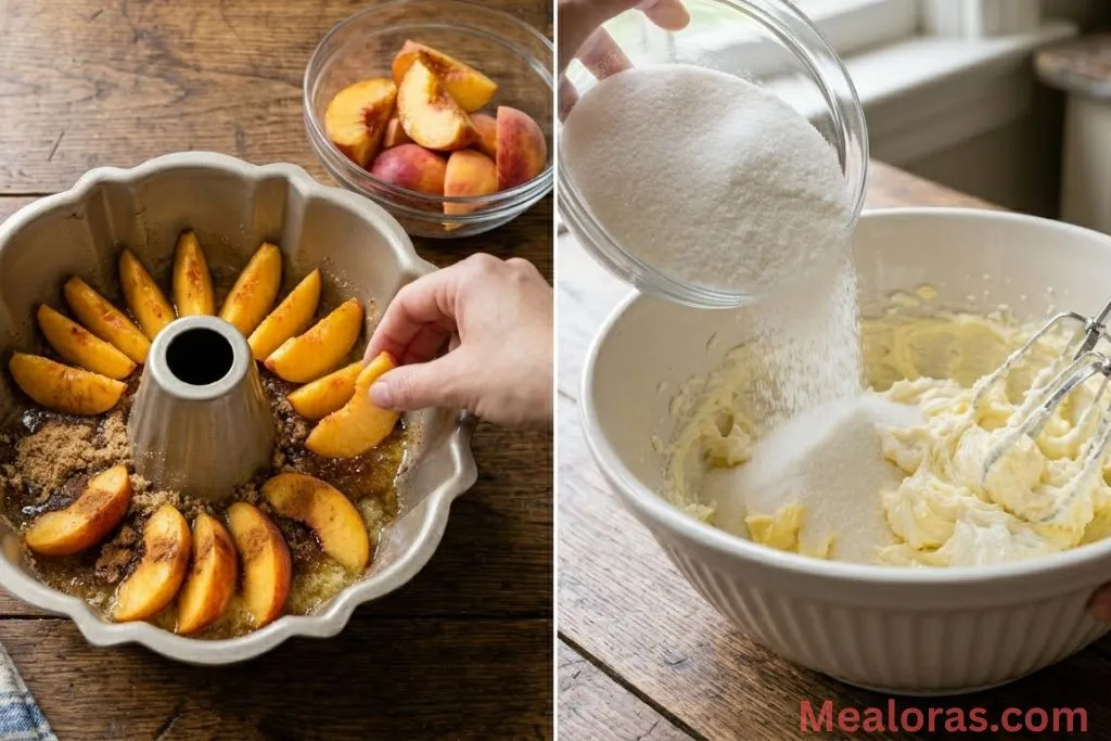 Stages of arranging peaches and creaming butter and sugar in a mixer