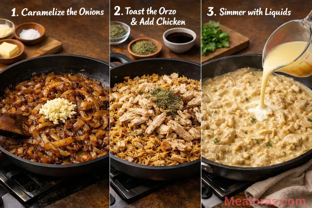 showing golden caramelized onions in a pan and stirring in dry orzo and chicken