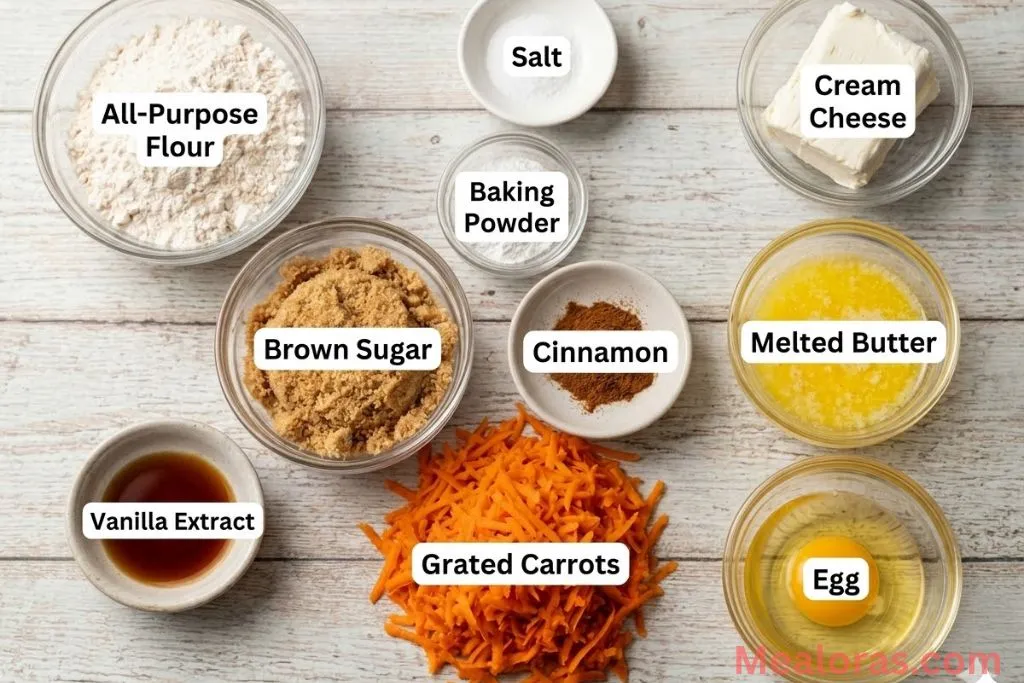 A flat lay of flour, brown sugar, eggs, butter, cinnamon, and freshly grated carrots