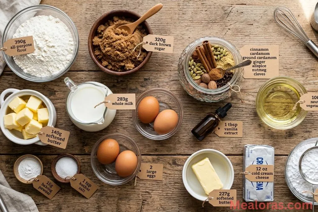 Overhead shot of flour, dark brown sugar, and various chai spices in glass bowls