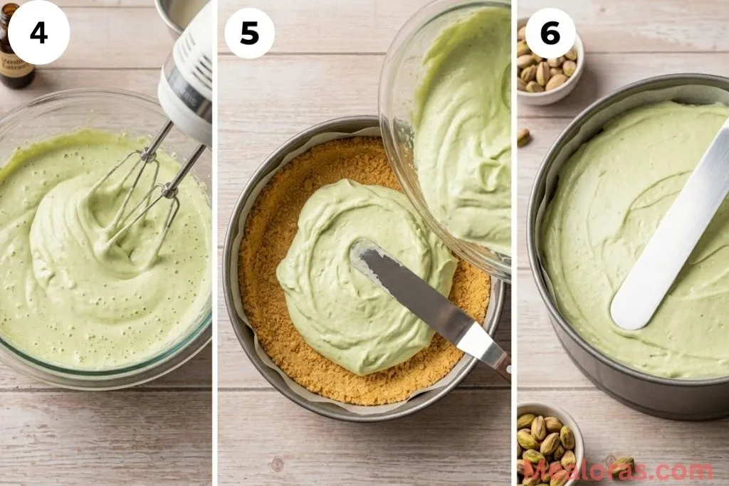 showing whipping the filling, smoothing it into the pan, and piping whipped cream