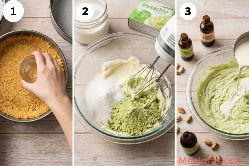 showing wafer crust preparation, beating cream cheese, and adding pudding mix