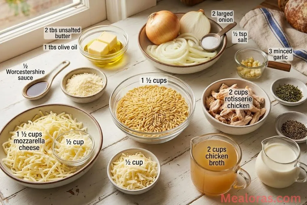 yellow onions, dry orzo pasta, shredded chicken, cream, and herbs on a kitchen counter