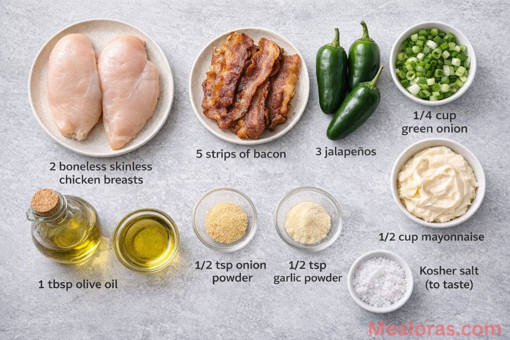 Fresh chicken breasts, jalapeños, raw bacon, and spices on a wooden board.