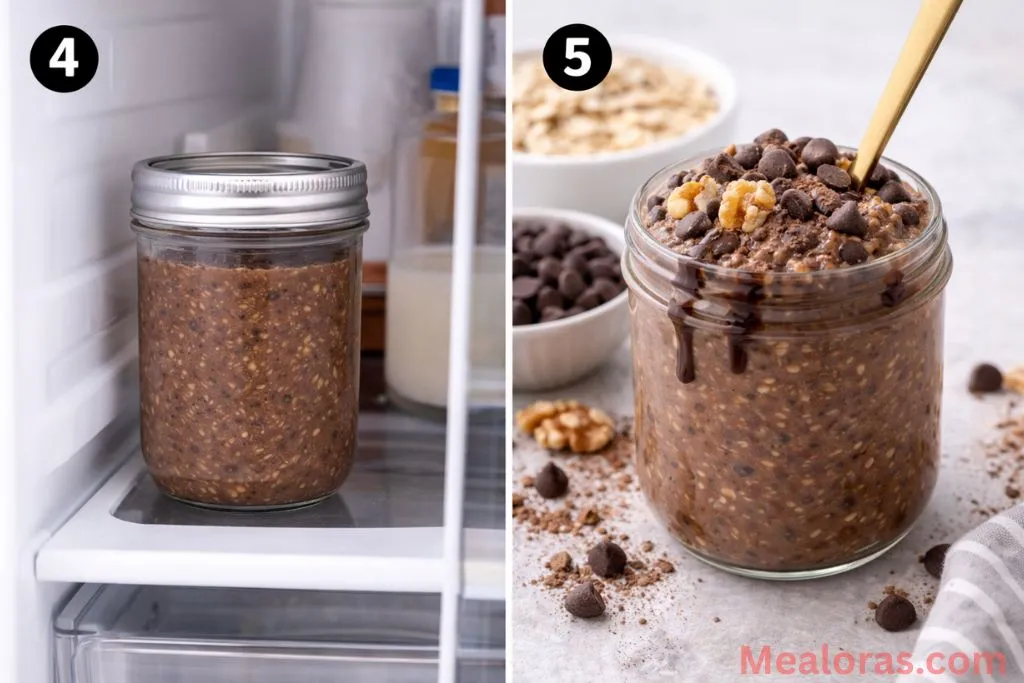 Blended chocolate oat mixture being poured into a mason jar for overnight soaking