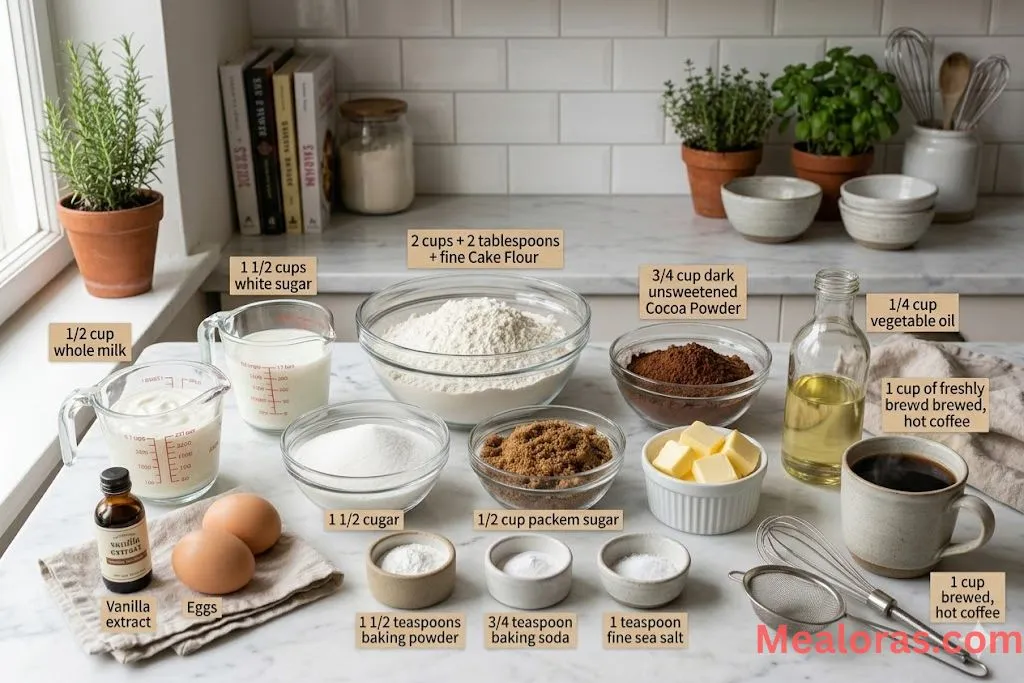 Flat lay of cake flour, cocoa powder, sour cream, eggs, and hot coffee in glass bowls.