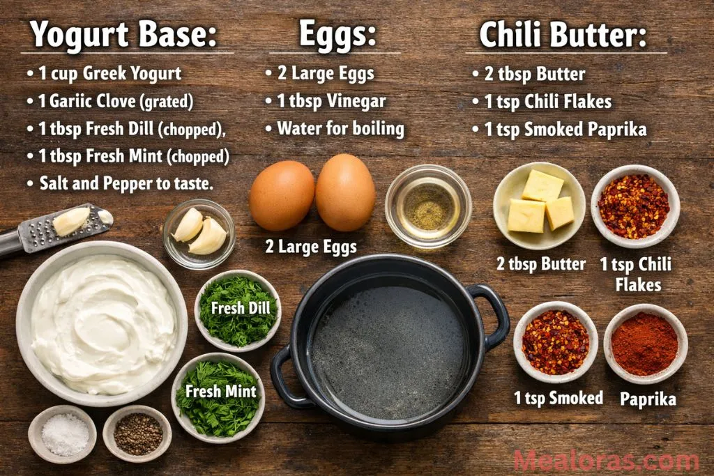 Greek yogurt, fresh eggs, dill, mint, garlic, and spices on a kitchen counter