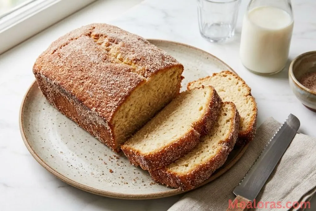 view of a sliced Cinnamon Sugar Donut Bread on a marble surface