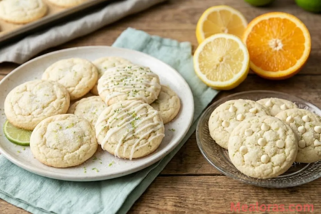Lime cookies displayed alongside lemon and orange citrus fruits