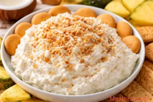 Coconut Cream Pie Dip in a bowl with toasted coconut garnish