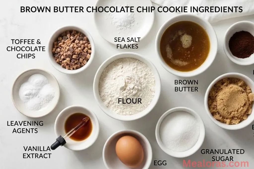 ingredients for coffee toffee cookies including flour, sugars, and toffee bits