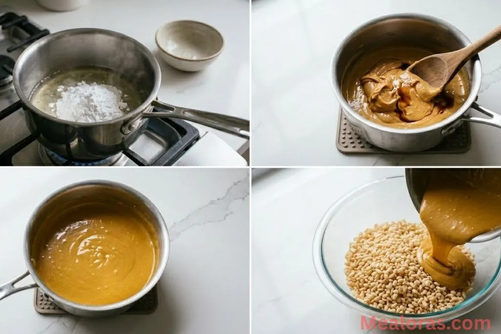 Boiling syrup and sugar then stirring in peanut butter and vanilla