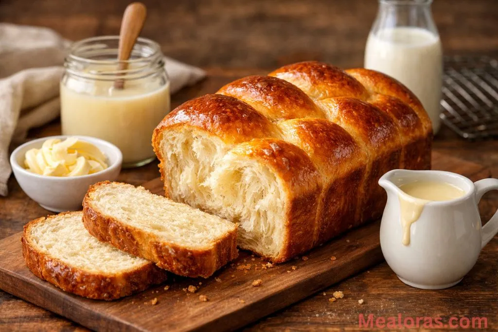 Golden brown glazed condensed milk bread loaf